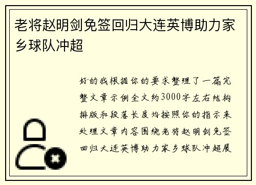 老将赵明剑免签回归大连英博助力家乡球队冲超