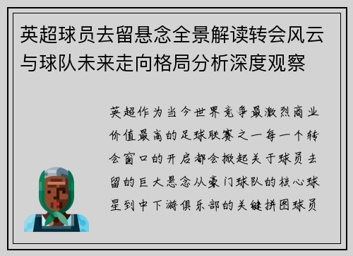 英超球员去留悬念全景解读转会风云与球队未来走向格局分析深度观察