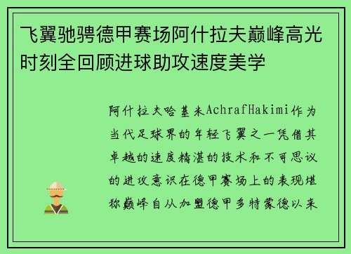 飞翼驰骋德甲赛场阿什拉夫巅峰高光时刻全回顾进球助攻速度美学